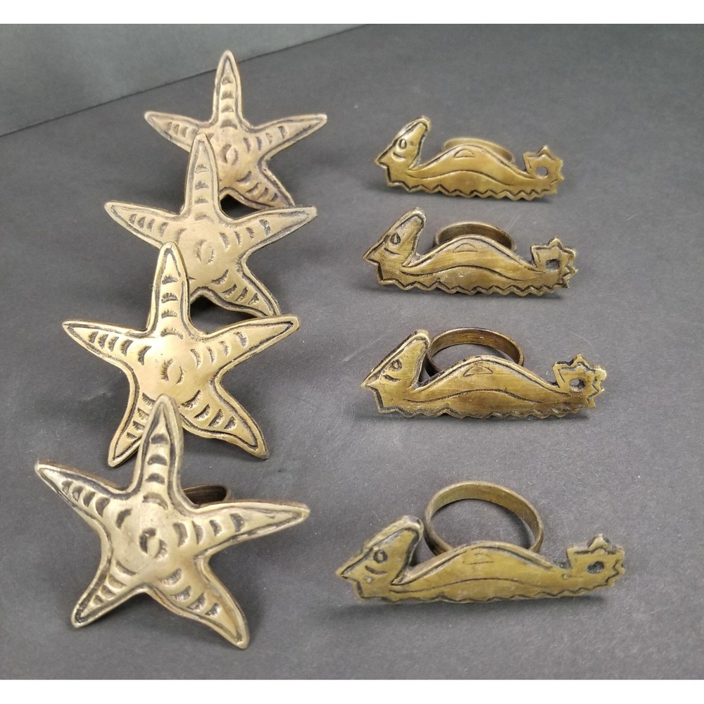 Vintage 1994 DII Brass Napkin Rings Set of 8 Starfish Sea Horse Coastal Nautical